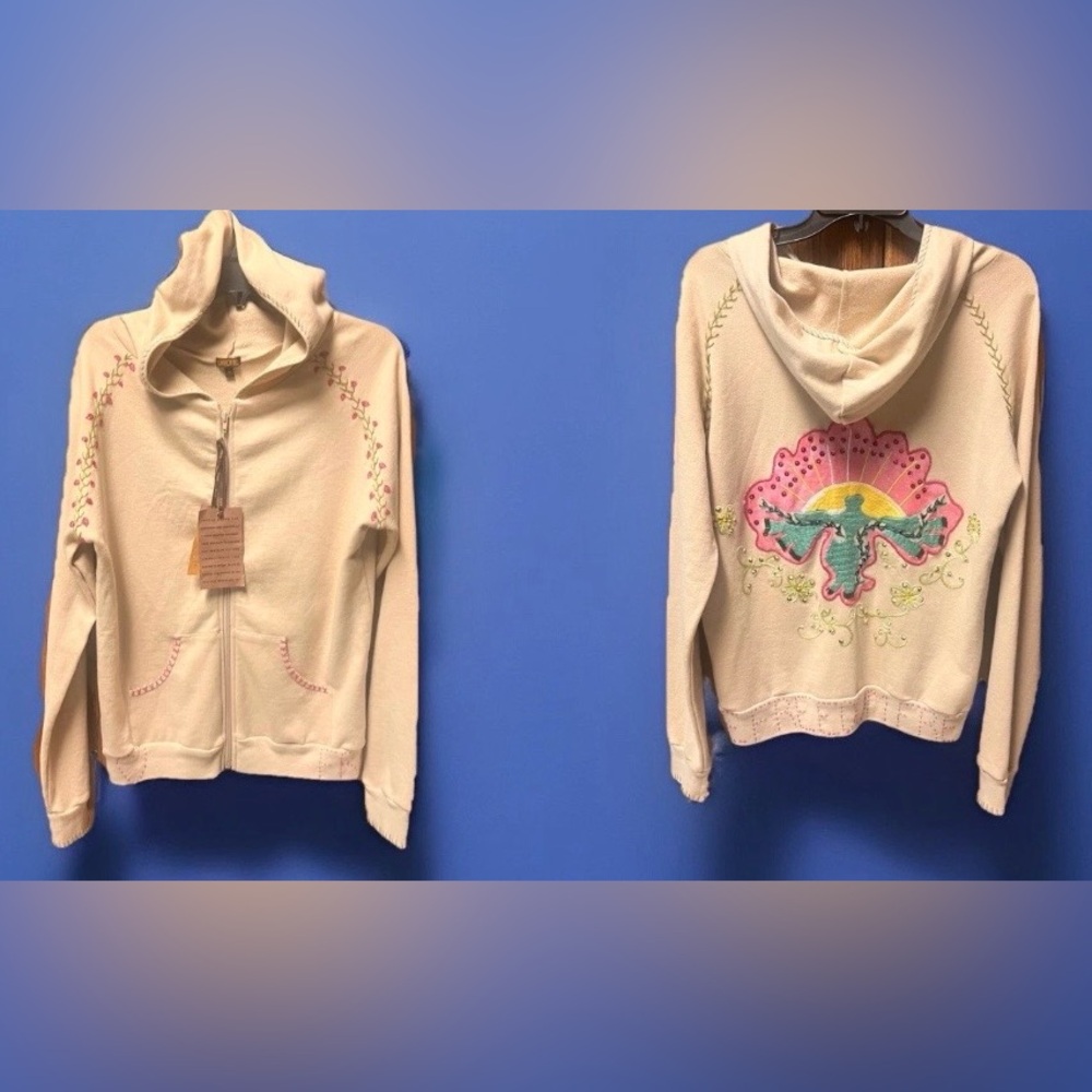 NWT~ Switch USA Unique Embellished Boho Zip Up Hoodie Sz L Embroidered Soft